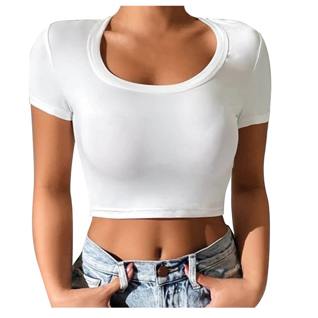 AherBiu Crop Tops pour Femmes Manches Courtes Col Rond Extensible Slim Serré Sortie Yoga Gym Tops T-Shirts