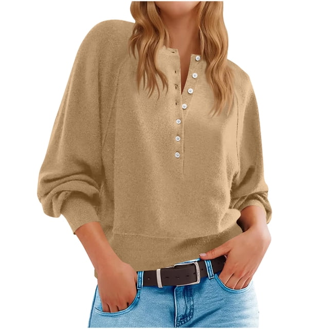 Longs Chandails pour Femmes Mode pour Femmes Col Rond à Boutons Manches Longues Hauts Unis Chandail à Enfiler Chandail Tendance et Confortable Vêtements d'Hiver Chandails d'Hiver pour Femmes