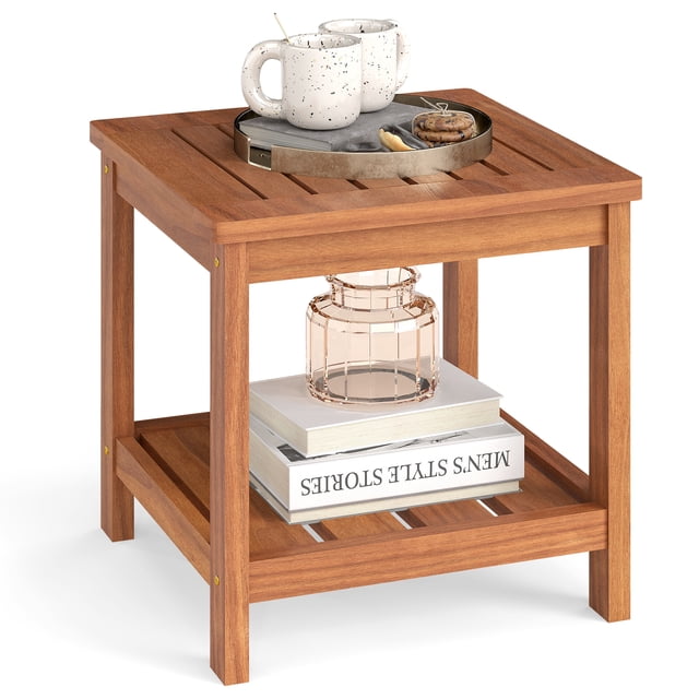 Gymax 2-Tier Adirondack Side Table w/ Slatted Tabletop Storage Shelf for Garden
