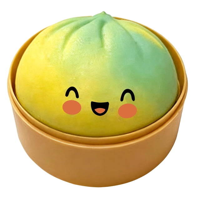 Dumpling Squishies, Glitter Dumpling Mystery Box featuring a colorful steamed bun-shaped stress ball with a cheerful face, placed in a food steamer. The squishy toy has a gradient of green and yellow tones, designed for sensory stress relief and fidgeting. Compact and portable, ideal for desk decoration, Easter basket stuffers, or stocking stuffers.
