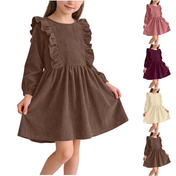 SBYOJLPB Children's Dress Solid Color Long Sleeved Round Neck Dress Girls' Casual and Comfortable Dress