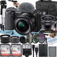 thumbnail image 1 of Sony Alpha ZV-E10 Mirrorless Vlog Camera With 16-50mm Lens + Two Pack 64GB Memory Card + Flash + Tripod + Case + A-Cell Mobility Accessory Bundle (Black), 1 of 1
