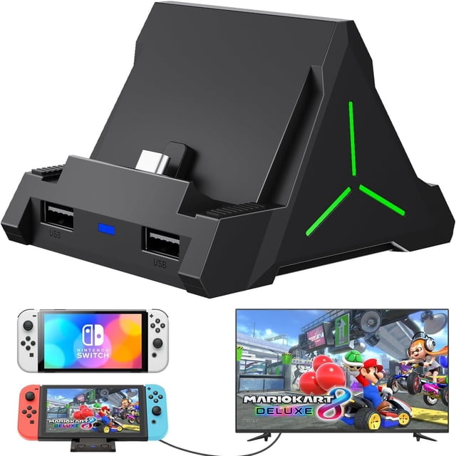 TV Dock Station Compatible With Nintendo Switch/OLED - 4K HDMI, USB-C, USB 3.0 Port, LED Atmosphere Light, Holds 4 Game Slots, Replacement Charging Dock