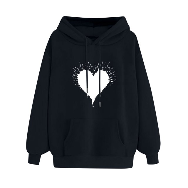 Pompotops Chandail Confortable pour Femmes Motif Cœur Imprimé Chandail à Capuche pour Femmes avec Poche et Cordon Liquidation