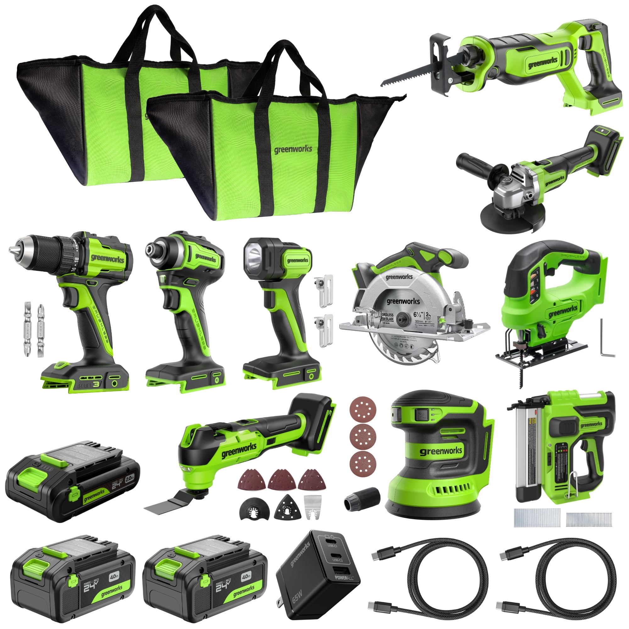 10pcs 6.5" Circular saw+400in-lbs drill driver+flashlight + impact driver+multi tool+recip saw+jig saw+sander+nailer+anger grinder Combo kit