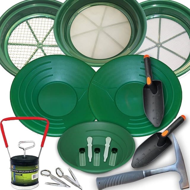 Ensemble Ultime de Prospection d'Or 19 Pcs ASR Outdoor pour Débutants et Enfants, Comprenant des Poêlons d'Or Verts à Volants, des Écrans de Classement en Maille, des Pelles et Cuillères en Plastique, des Fioles de Rangement en Verre, des Pinces Grossissantes, des pipettes et un Outil Séparateur Magnétique. Idéal pour l'Extraction d'Or et la Prospection, Ce Kit Est Conçu pour Trier, Classer et Ranger des Flocons d'Or, des nuggets, des Gemmes Ou des Métaux Précieux. Comprend des Matériaux Durables