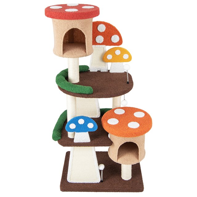 Gymax Wooden Cat Tree w/ Sisal Scratch Board & Post Padded Perch Hanging Toys Modern