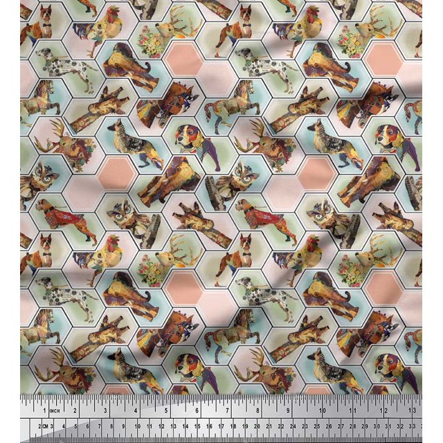 Soimoi Polyester Crepe Fabric Geometric,Bird & Animals Patchwork Print Fabric by The Yard 52 Inch Wide