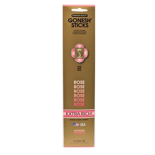 Bâtons d'Encens - Paquet de Marque Rose Gonesh Brun avec accents Roses, Étiqueté « Extra Riche » et « Qualité Supérieure », Présentant un Emblème floral et un Texte Indiquant 20 Bâtons, Fabriqué aux É.-U., Conçu pour un Parfum d'Ambiance et un Assainissement de l'Air afin de Créer une Atmosphère Relaxante.