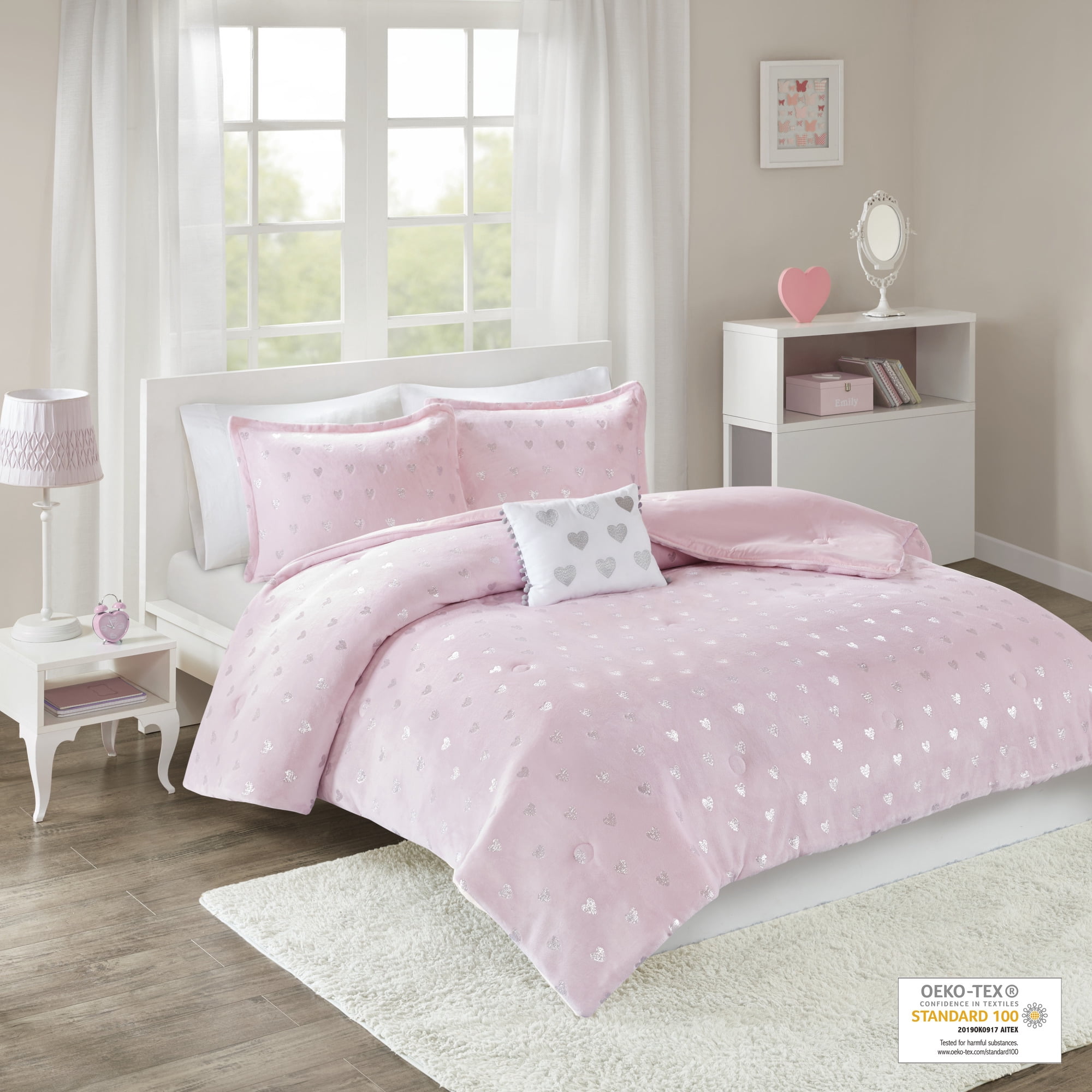 Mi-Zone Rosalie Metallic Printed Plush Comforter Set Pink/Silver Full/Queen
