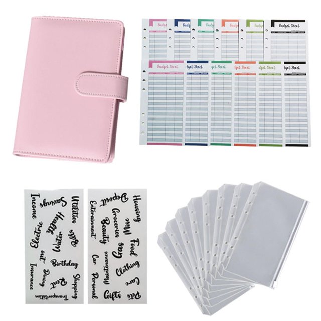 koolsoo PU Leather A6 Notebook Binder Binder Cover Budget Envelopes with Letter Stickers Pink