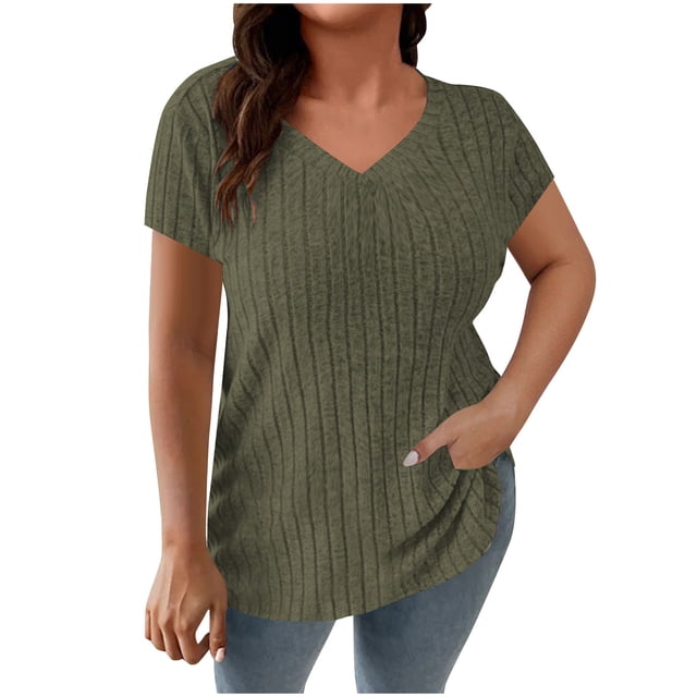Liquidation d'Économies! Hauts Oversize pour Femmes en Liquidation, Blouse d'Été à Manches Courtes pour Femmes, Haut d'Été pour Femme Grande Couleur Unie à Col Rond en Tricot à Rayures à Manches Courtes