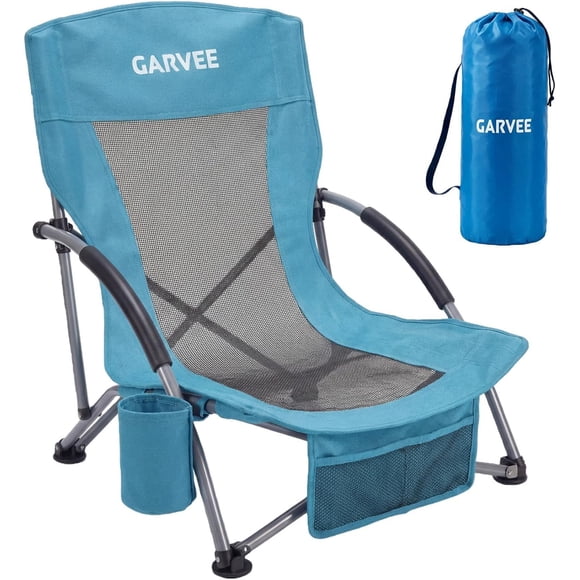 Garvee Chaise de Plage Pliante à Dossier Bas, 24.8 x 22.9 x 26.4 Pouces, Porte-Gobelet et Pochette de Rangement, Bleu