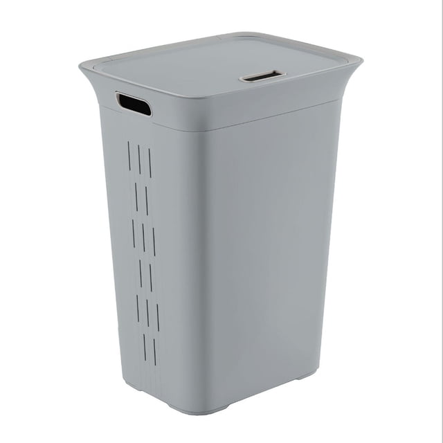 Chic Laundry Basket in light grey plastic with a rectangular shape, fitted lid with handle slot, side ventilation slits, and built-in handles for easy carrying, designed for laundry room storage and organization, also suitable for bedroom storage.