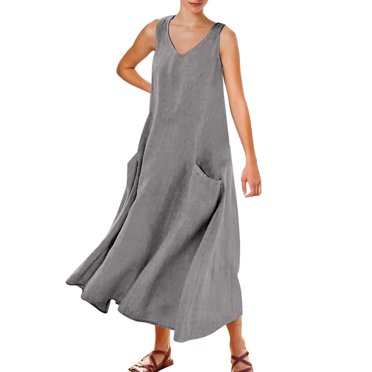 JIRNDf Robes Maxi d'Été pour Femmes Tendance Couleur Unie Sans Manches Col en V Élégante Coupe Ample Maxi avec Poches Confortable Robe Bohème Ligne A Gris TG