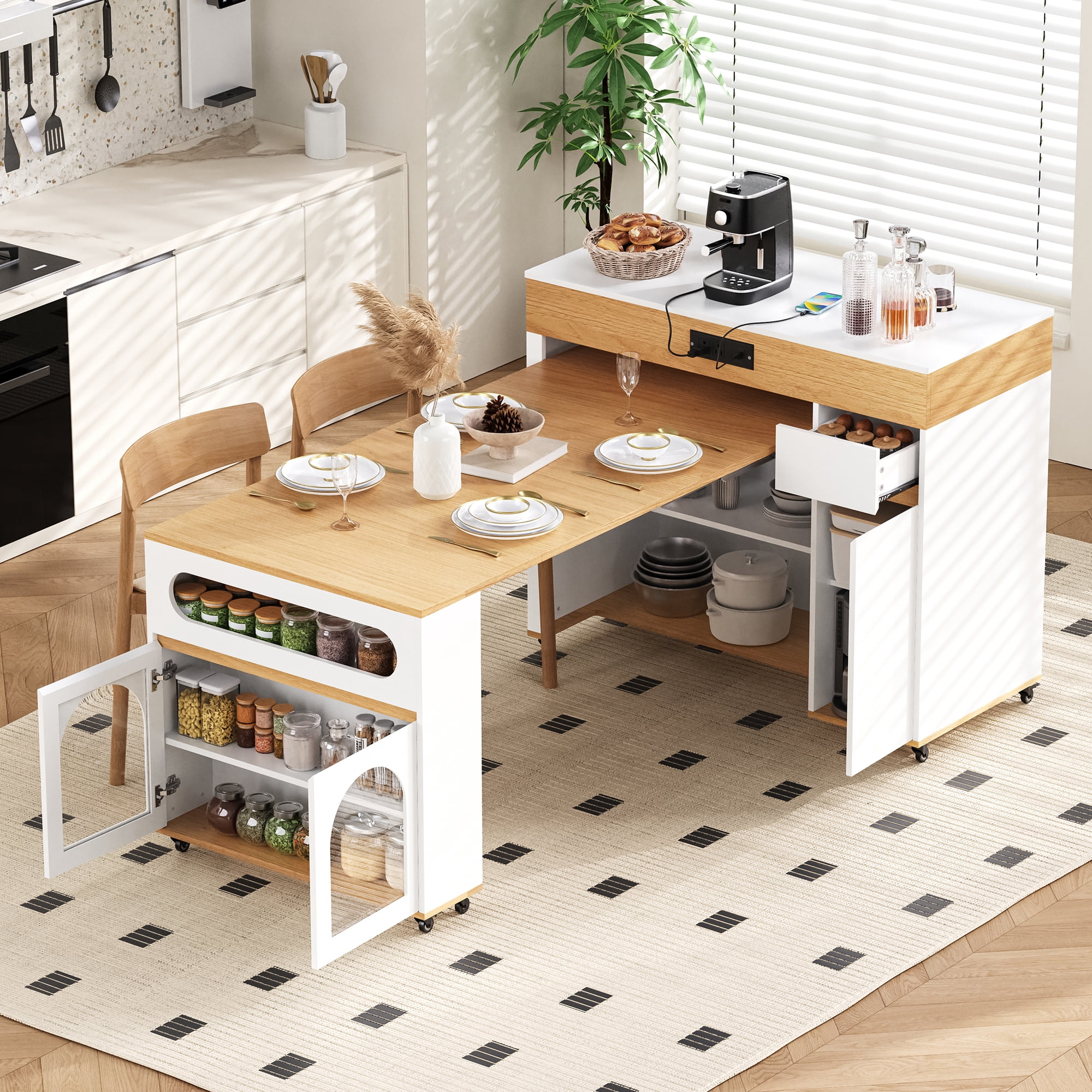 Table de salle à manger extensible Noble House TREXM avec plateau rabattable extra-long, îlot de cuisine roulant avec tiroirs (Noyer + Blanc crème)