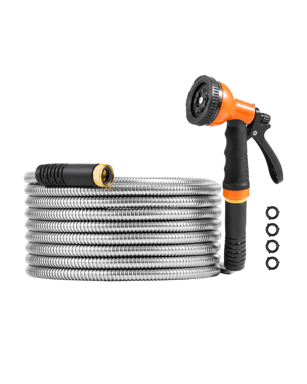 KFFKFF Metal Garden Hose 25 ft, Rust Proof Stainless Steel Water Hose, Heavy Duty Backyard Hose with 10 Function Nozzle, No-Kink & Flexible Water Pipe