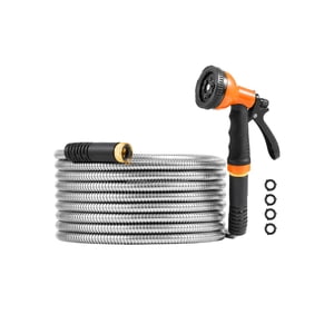 KFFKFF Metal Garden Hose 25 ft, Rust Proof Stainless Steel Water Hose, Heavy Duty Backyard Hose with 10 Function Nozzle, No-Kink & Flexible Water Pipe