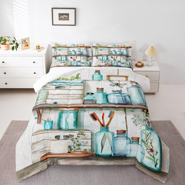 YST Ensemble de Douillette Format Double, Verres Peints à la Main Pinceau Libellule Literie Douce, Fleurs Feuilles Insecte Literie Légère Ensembles de Douillette, Insert de Couette Vert Brun Animaux pour Chambre