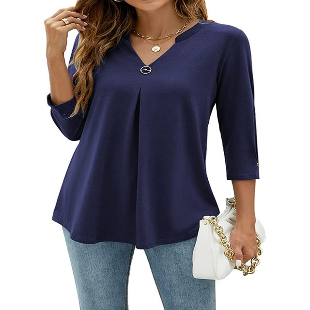 Blouses à Manches 3/4 Col en V pour Femmes Chemise Boutonnée Printemps Ample Décontractée Mode Urbaine