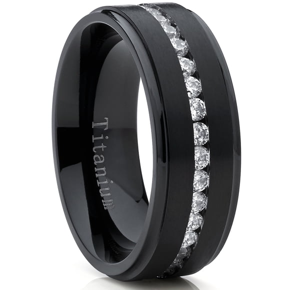 Bague Alliance Éternité pour Homme en Titane Noir avec Zircone Cubique CZ, Ajustement Confortable 8 mm Taille 11,5