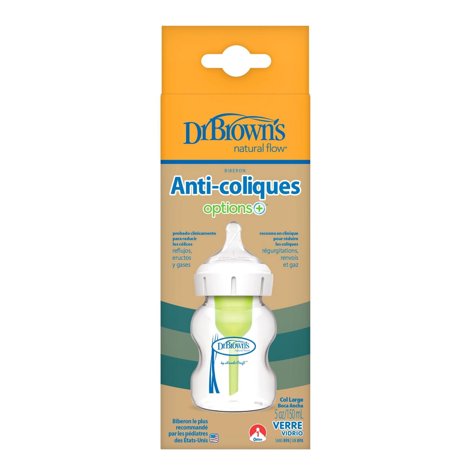 Dr. Brown's Natural Flow Anti-Colic Options+ Wide-Neck Glass Baby Bottle mL, with Level 1 Slow Flow Nipple, 0m+