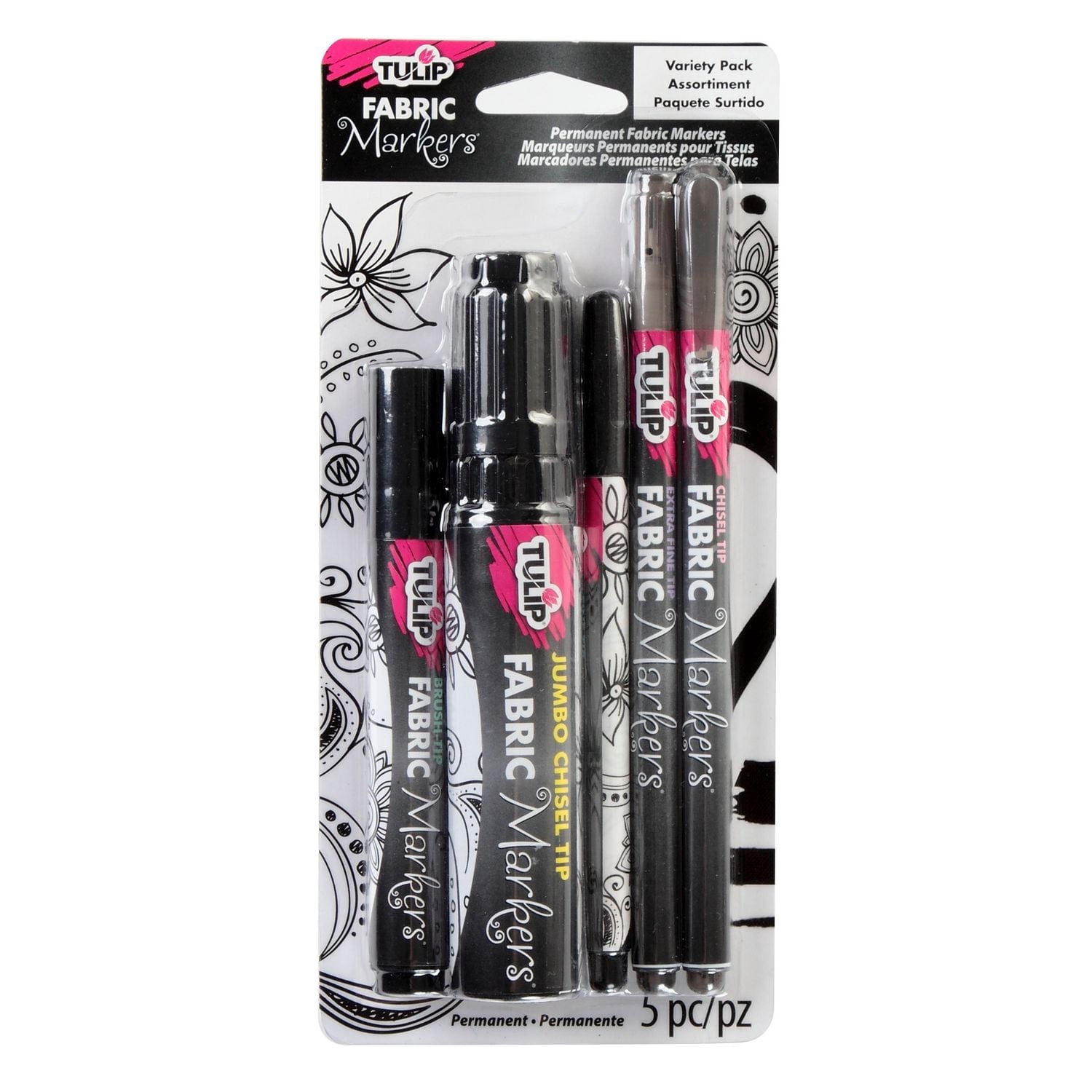 Tulip Permanent Nontoxic Fabric Markers 5 Pack - Brush Tip, Bullet Tip, Chisel Tip & Extra Fine Tip, Low Bleed & Fast Drying - Premium Quality for Clothes, Shoes, Bags & Other Fabric Materials