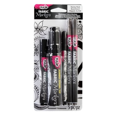 Tulip Permanent Fabric Markers, Assorted Tips, Low Bleed, Fast Drying, 5 pack