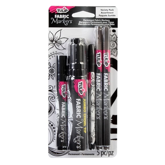 Tulip Permanent Nontoxic Fabric Markers 5 Pack - Brush Tip, Bullet Tip, Chisel Tip & Extra Fine Tip, Low Bleed & Fast Drying - Premium Quality for Clothes, Shoes, Bags & Other Fabric Materials