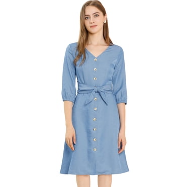 INSPIRE CHIC Robe-Chemise pour Femmes à Col en V, Manches 3/4, avec Ceinture