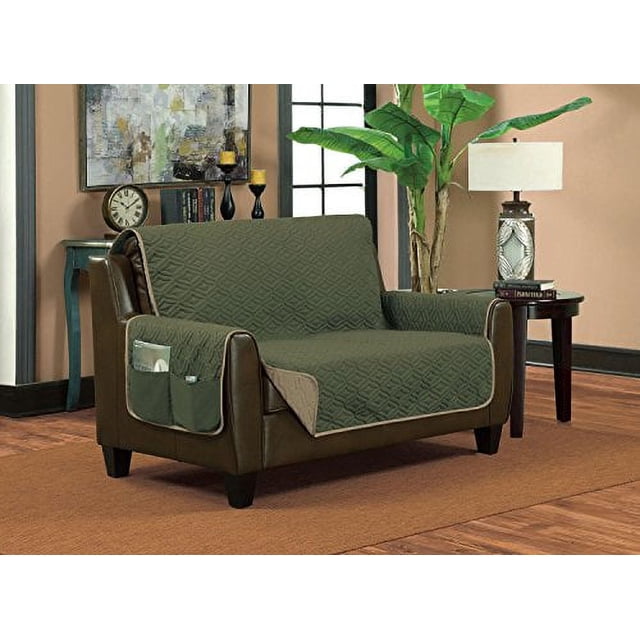 Classic Reversible Quilted Waterproof Furniture Protector Diamond Design (Sofa, Green/Taupe)
