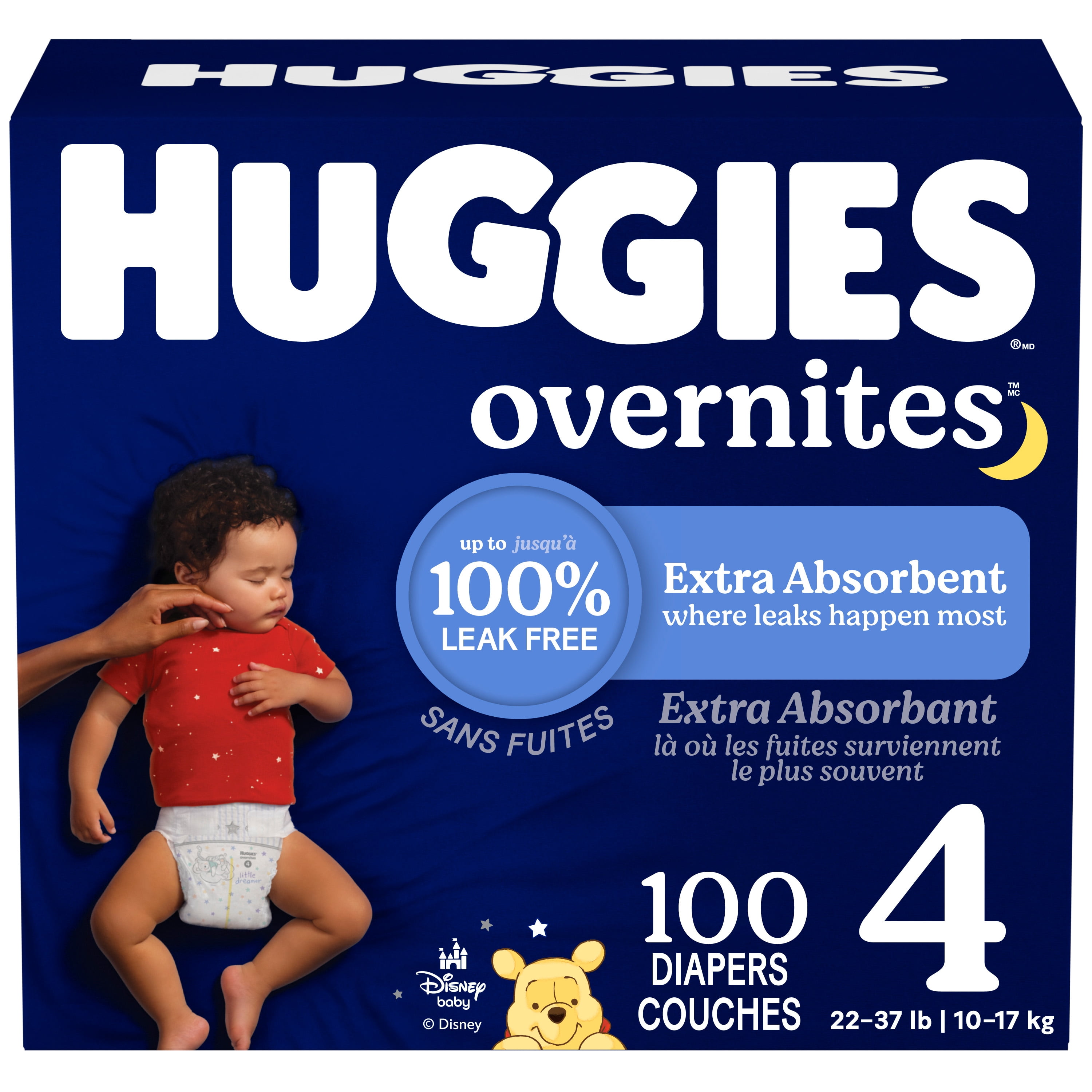 Couches pour bébé Huggies Overnites pour la nuit, taille 4 (9 à 17 kg [22 à 37 livres]), 100 unités