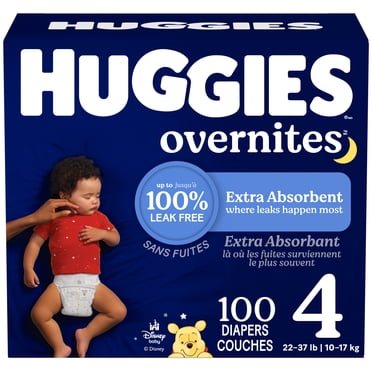 Huggies Overnites Nighttime Baby Diapers, Size 4 (22-37 lbs), 100 Count