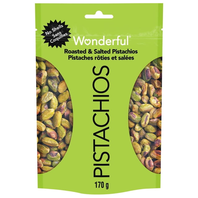 Wonderful Pistaches Sans Coquilles Noix Rôties et Salées, Sac Vert Refermable de 170 g avec Fenêtres Latérales Transparentes Montrant des Pistaches Décortiquées Rôties et Salées, Sans gluten et Vérifié non-OGM, Convient pour la Collation Ou comme Garniture de Noix pour Crème Glacée et Salades.