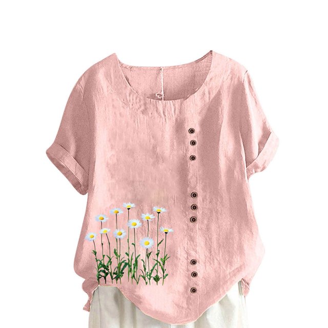 Pisexur Hauts pour Femmes Décontractés en Lin Col Rond Grande Taille Imprimé Manches Courtes T-shirt Blouse, Hauts d'Été pour Femmes Rose,P