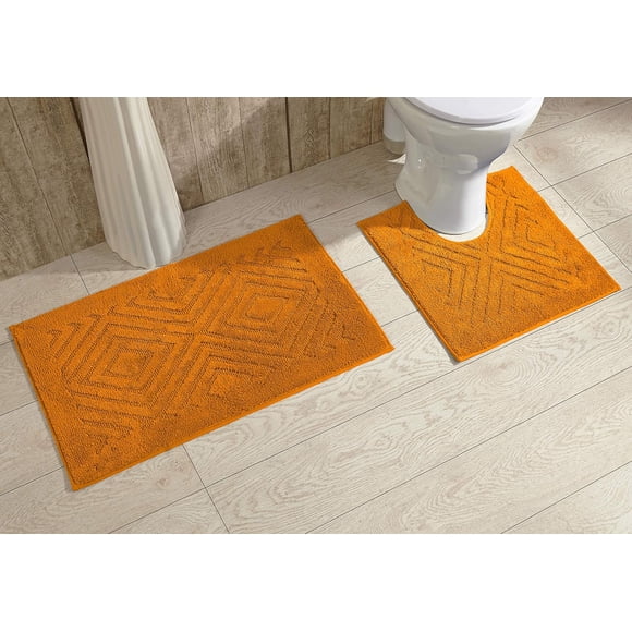 Better Trends 2 Piece Bathroom Rug Set 100% Cotton Non-Slip Washable Bath Mat, Soft & Absorbent Bath Rugs for Bath Room, Shower, Bathtub & Spa Floors Orange Trier Collection