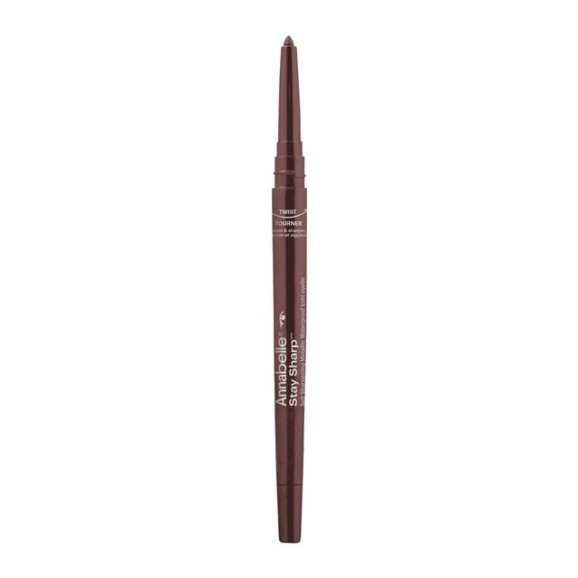 Annabelle Stay Sharp Self-Sharpening Kohl Eyeliner in deep brown twist-up pencil with built-in sharpener cap for precise, smudge-proof application and long-lasting hold up to 10 hours, safe for waterline and easy to blend.