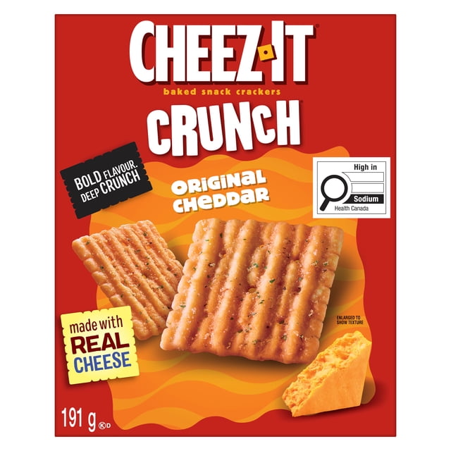 Cheez-It Baked Snack Crackers Crunch Original Cheddar 191g box with two ridged, square baked snack crackers seasoned and a wedge of cheddar cheese on a red and orange wavy background, highlighting bold flavour, real cheese, and a Health Canada sodium warning.