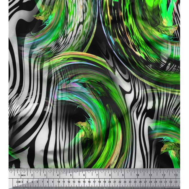 Soimoi Green Poly Georgette Fabric Stripe & Leopard Animal Skin Print Sewing Fabric BTY 42 Inch Wide