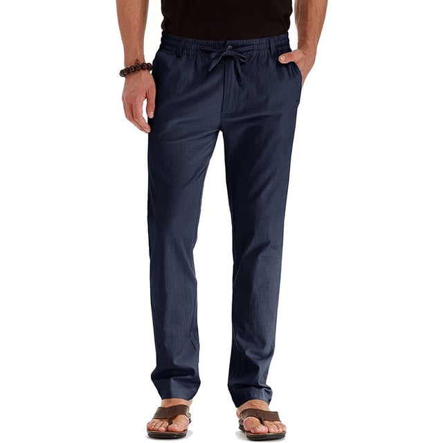 Ediodpoh Casual Pants for men in navy, size L, featuring an elastic waistband, zip fly, and adjustable internal drawstring for a custom fit. Made from durable polyester, these pants are designed for daily wear and pair well with various tops. The pants have a straight-leg design and are suitable for all seasons.