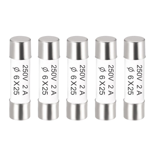 Unique Bargains Ceramic Cartridge Fuses 2A 250V fast-blow ceramic tube fuses, five replacement fuses with nickel-plated brass end caps, 6mm x 25mm (0.23 x 0.98 in), centered close-up on white background; for amplifiers, lamp ballasts and electronic circuit protection, suitable as spare fuses for audio equipment.