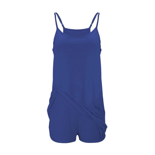 Yigetop Robe Athlétique avec Shorts! Combinaison-Short Décontractée Élégante Unie pour Femme à Double Poche avec Bretelles Réglables Bleu 2TG