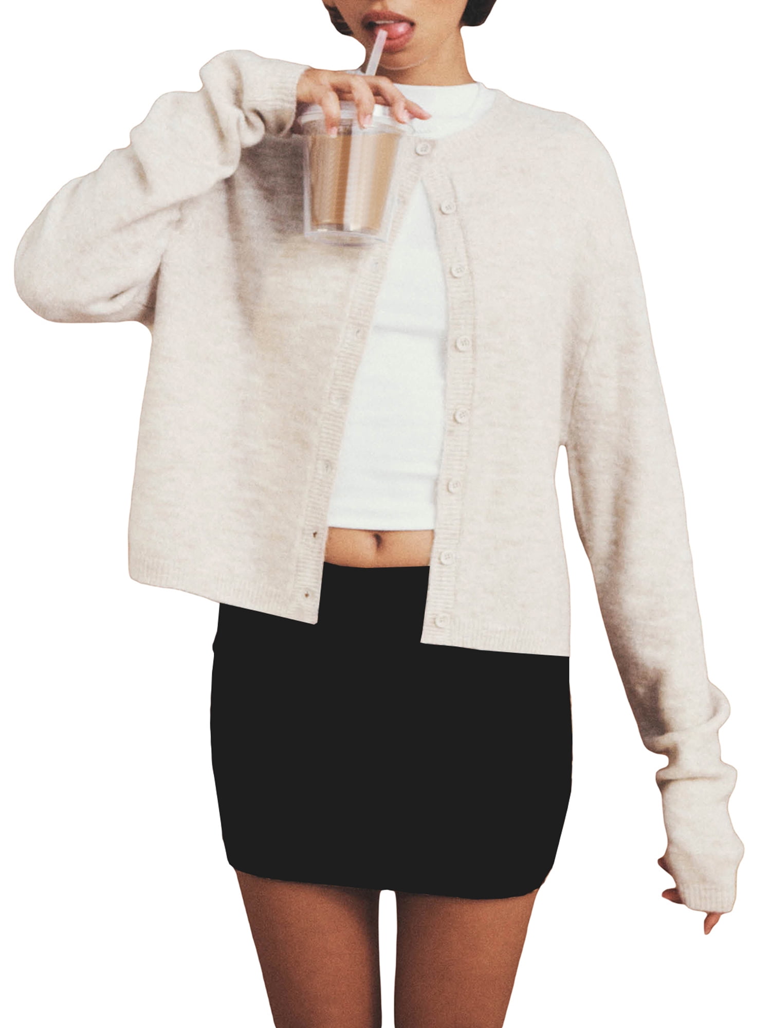 Gupgi Solid Color Knitted Cardigan for Women Button Front Sweaters Casual Crew Neck Long Sleeve Knit Tops