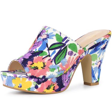 BLISSFUL STEP Women's Platform Floral Chunky Heel Slides Sandals Blue (Size 8.5)