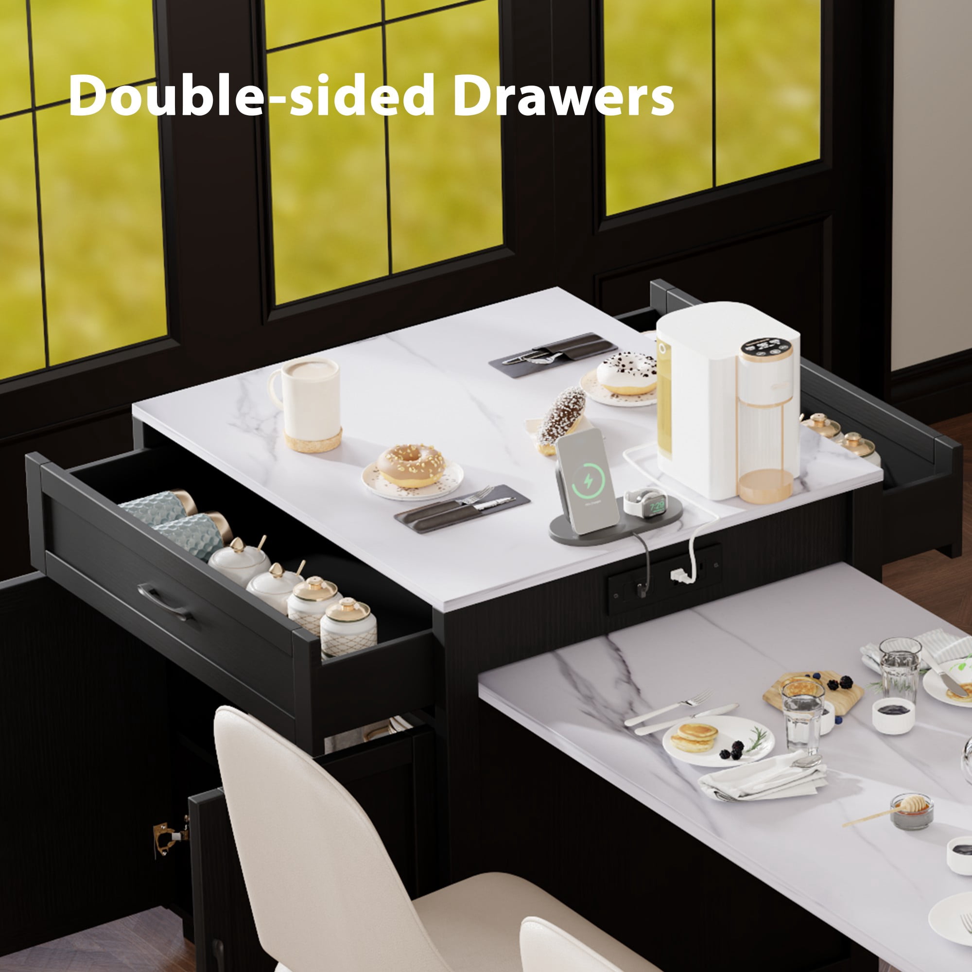 Îlot de cuisine Noble House 82,7 po avec table à manger extensible pour 4 à 6 personnes, noir