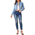 thumbnail image 2 of Allegra K Women's Jean Jacket Frayed Button Up Washed Cropped Denim Jacket L Grey Blue, 2 of 6