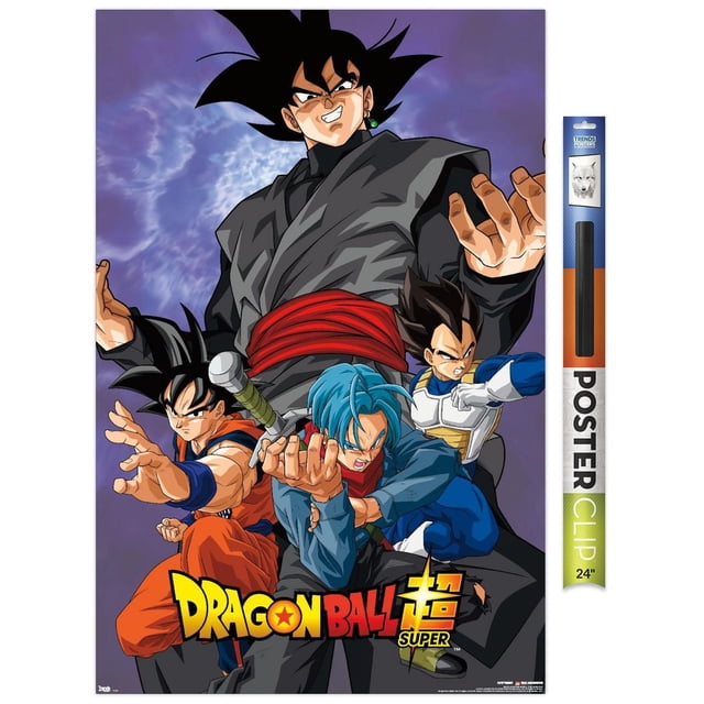 Dragon Ball: Super - VIllain Wall Poster, 22.375" x 34", depicting four anime characters in dynamic action poses against a purple cloudy background, printed on glossy paper to enhance vibrant colors, ideal for decorating bedrooms, offices, or dorm rooms, includes a 24-inch poster clip for easy, damage-free hanging.