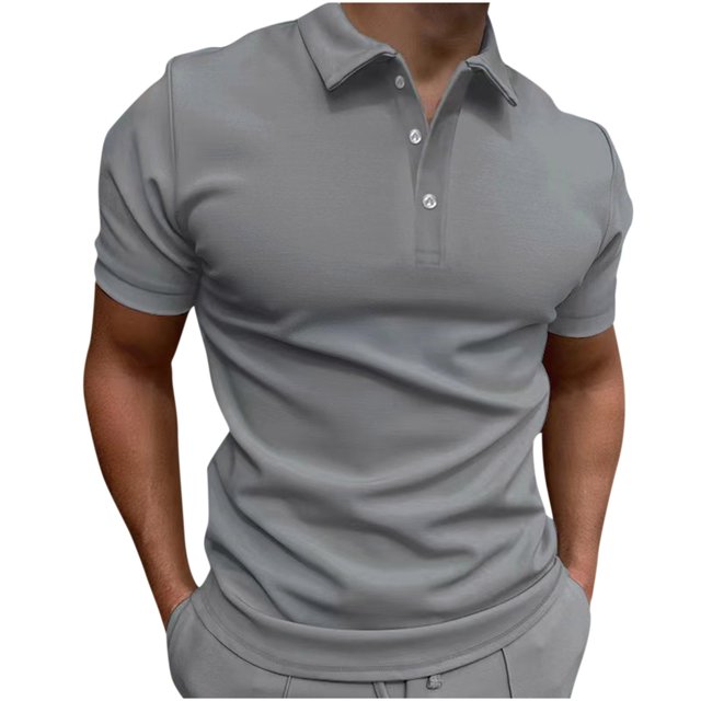 Men Casual Solid Turndown Pullover Button Short Sleeve Blouse Tops