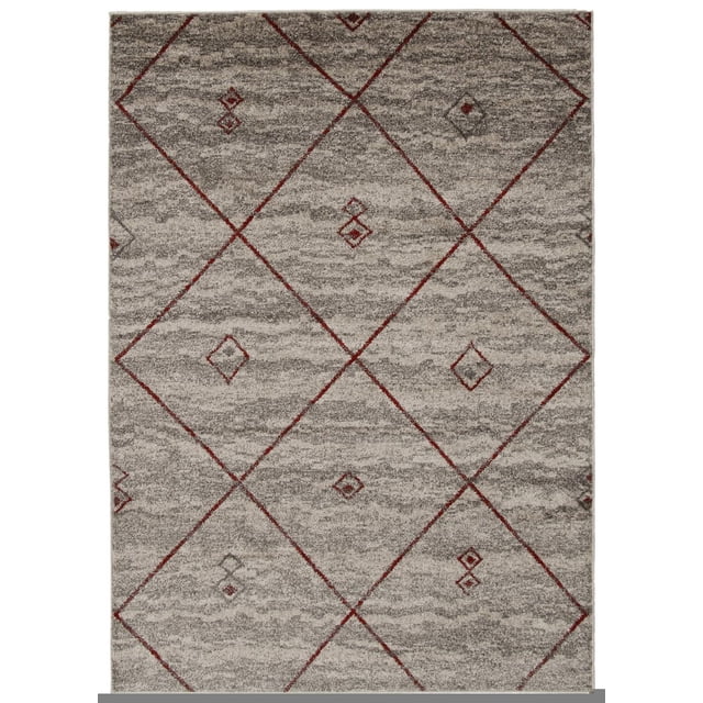 ECARPET Devos Ivory/Red Rug featuring a plush indoor area rug with Moroccan-inspired red diamond patterns on an ivory and grey marbled background, suitable for adding softness and decorative accent to family living spaces.