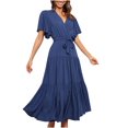 thumbnail image 2 of LOVZFMLL Women Solid Short Sleeve Loose Ruffles Lacing Dress Dark Blue L, 2 of 6